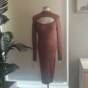 Say What? Long Sleeve Peekaboo Dress in Rust